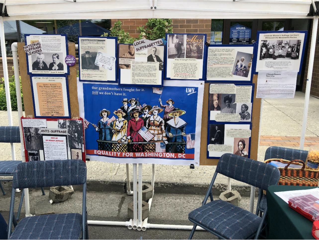 Image of the setup for the LWV Pullman booth at the  Pullman Wine Walk in 2019
