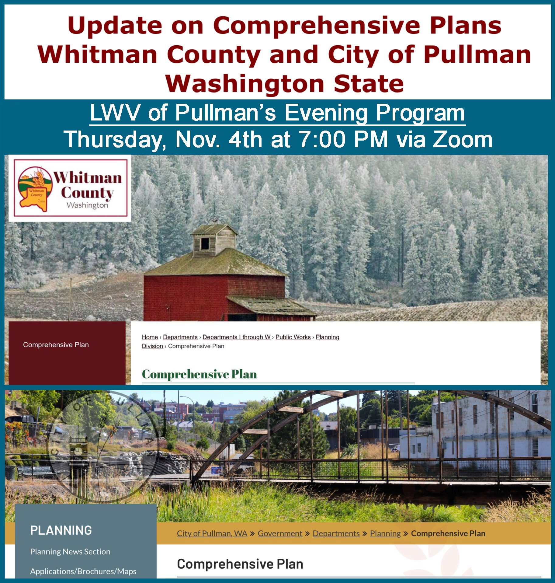 Collage of images from the City of Pullman website with a bridge and the Whitman County website with a red barn and frosted trees and the title of this meeting.