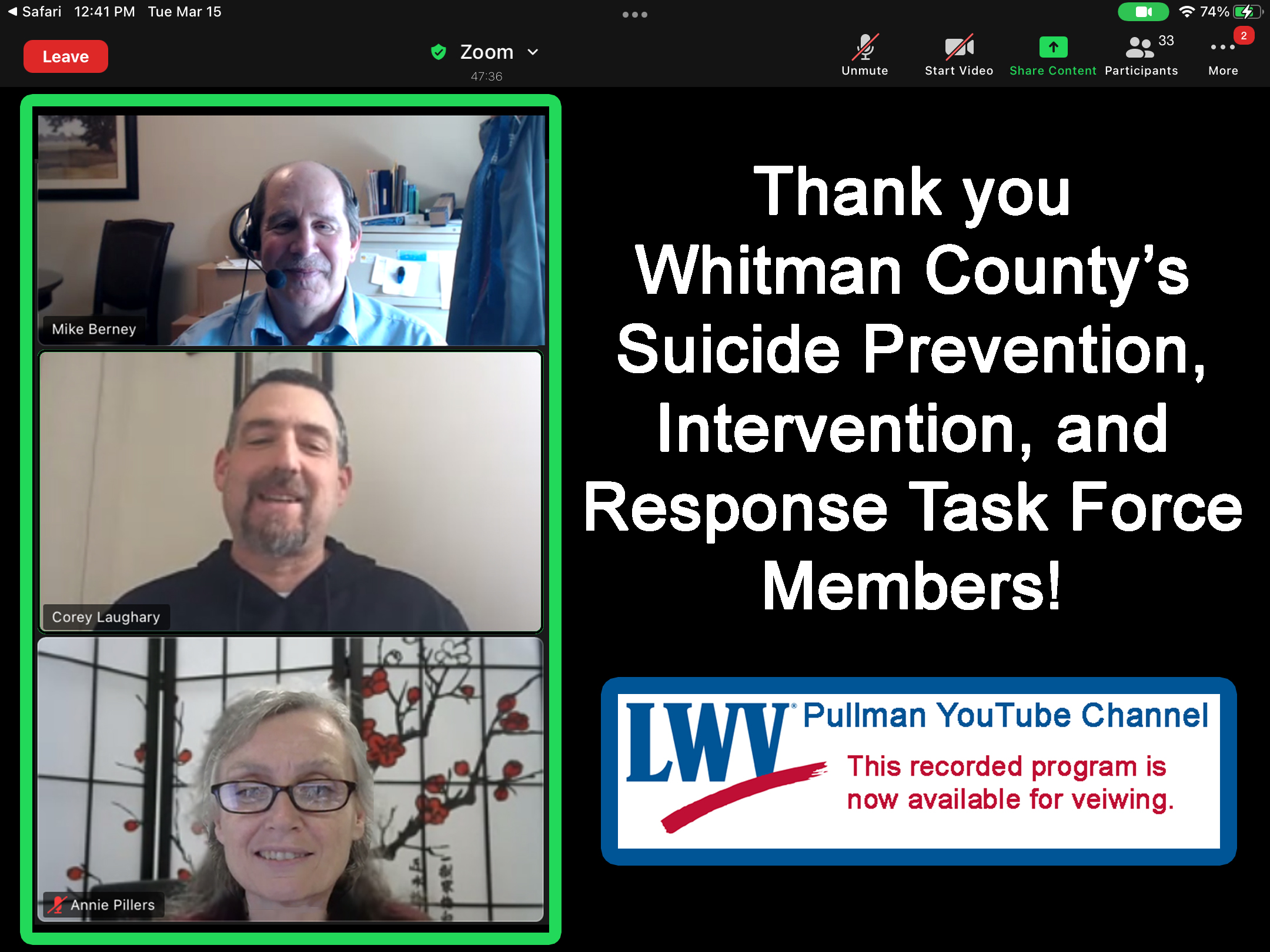 screen shot of the zoom meeting with Mike Berney, Corey Laughary and Annie Pllers and a thank you to the task force members