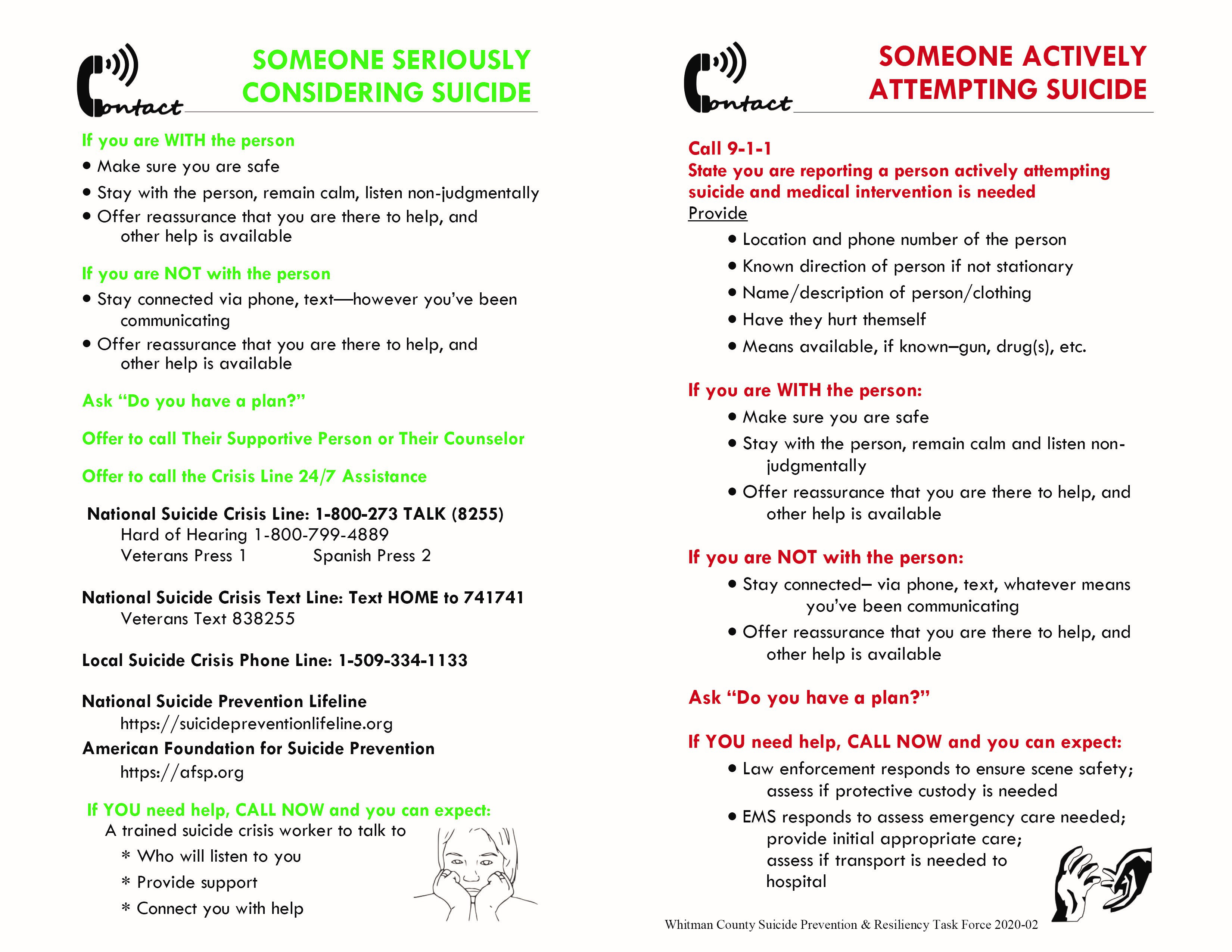 picture of an information card on how one can talk with a person considering or attempting suicide