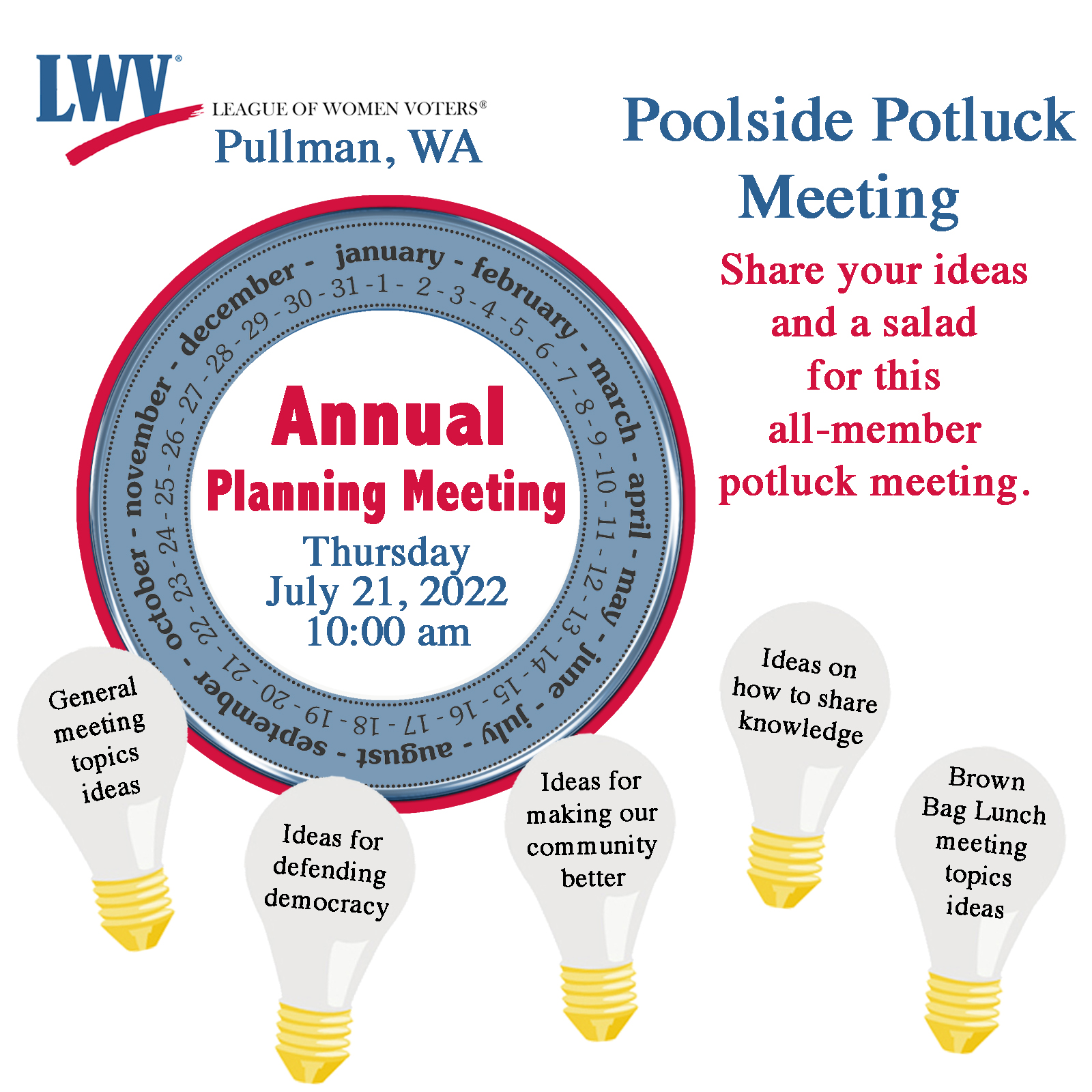 Picture of Annual Planning meeting July, 21 from 10-2:00. Potluck share ideas and a salad.