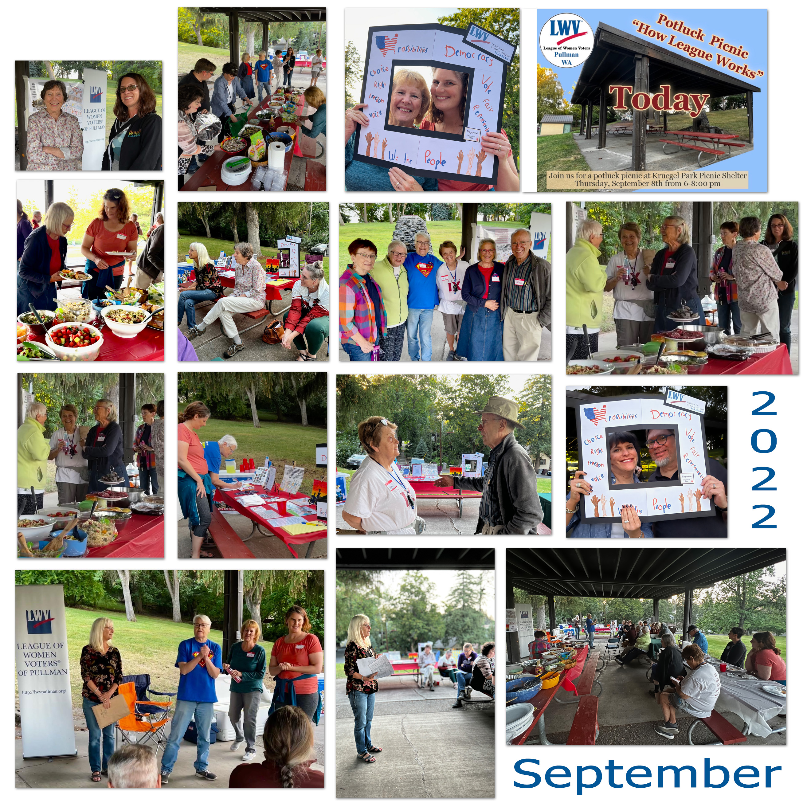 collage of pictures from the picnic including members, food table and program speakers