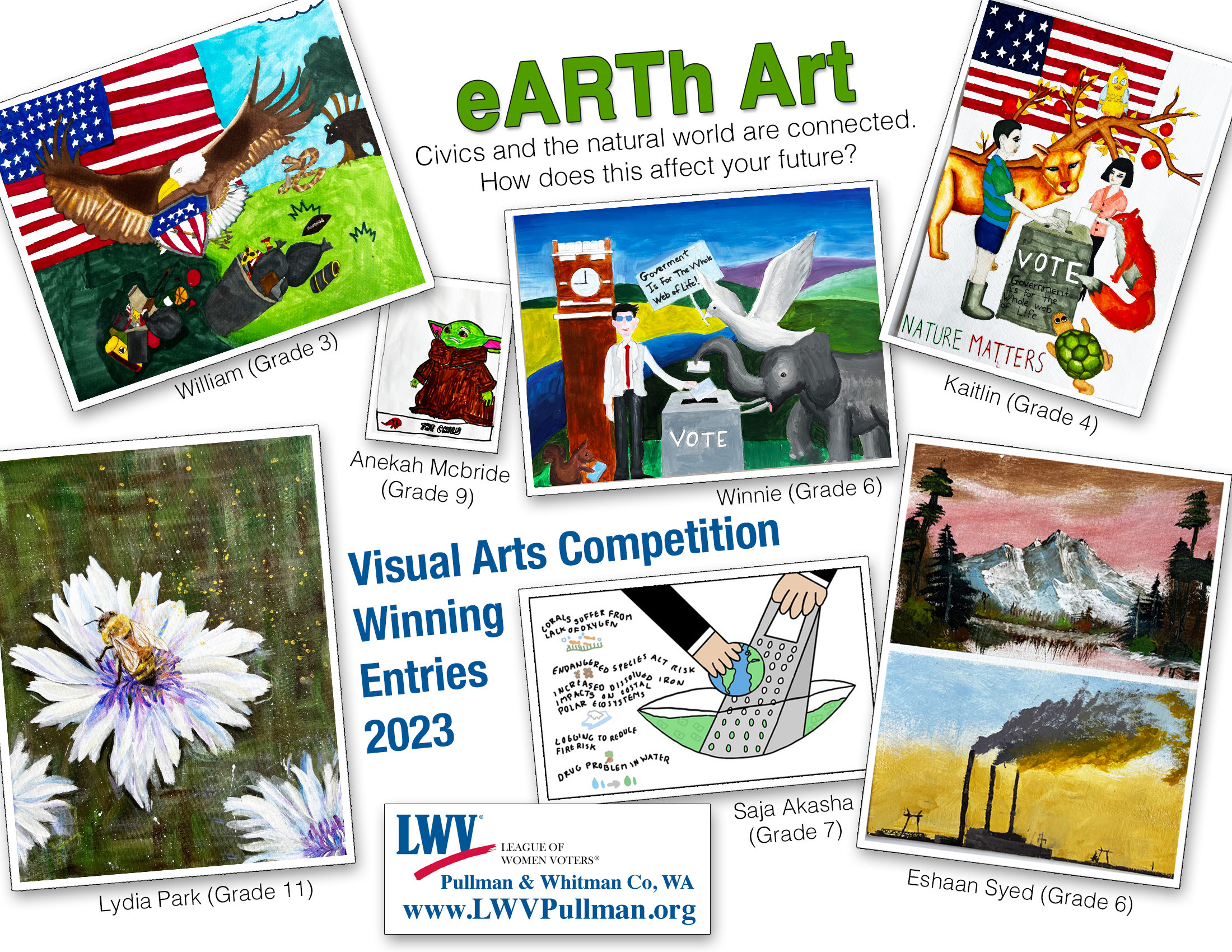 A collage poster of six winning pieces of artwork for the earth art competition 2023 by students of Whitman County.