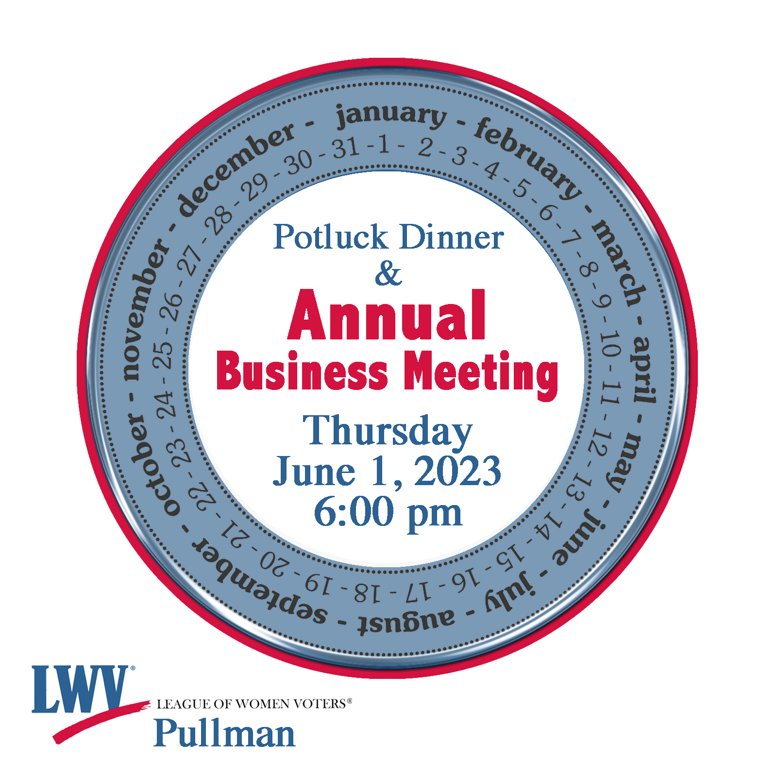 picture of a circular calendar with an invite to the LWV pot luck and annual business meeting Thursday, June 1 20203 at 6 pm.