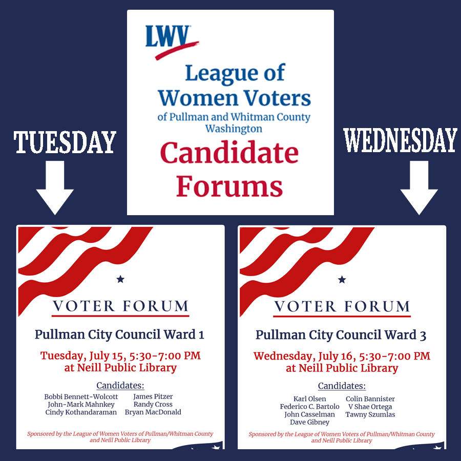Picture of 2 voter forum posters with red stripes and blue stars for Pullman City Council Candidates Forum.  Ward 1 Forum held on Tuesday, July 15 and Ward 2 held on Wednedday, July 16, both at five thirty to seven pm at Neill Public Library.