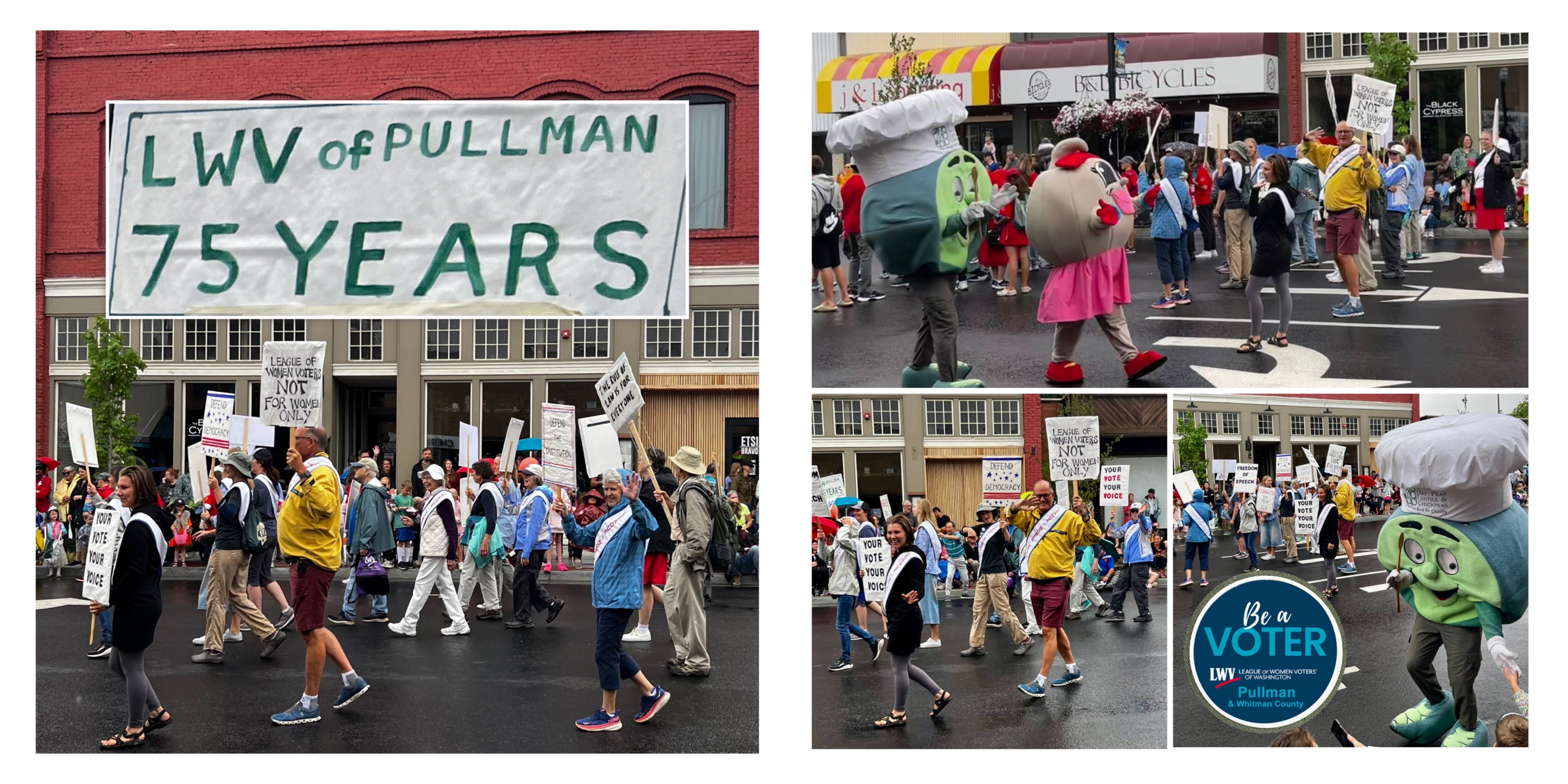 Parade celebrating 75 years of the League of Women Voters of Pullman with marchers carrying voting rights signs, wearing sashes, and walking alongside costumed mascots.
