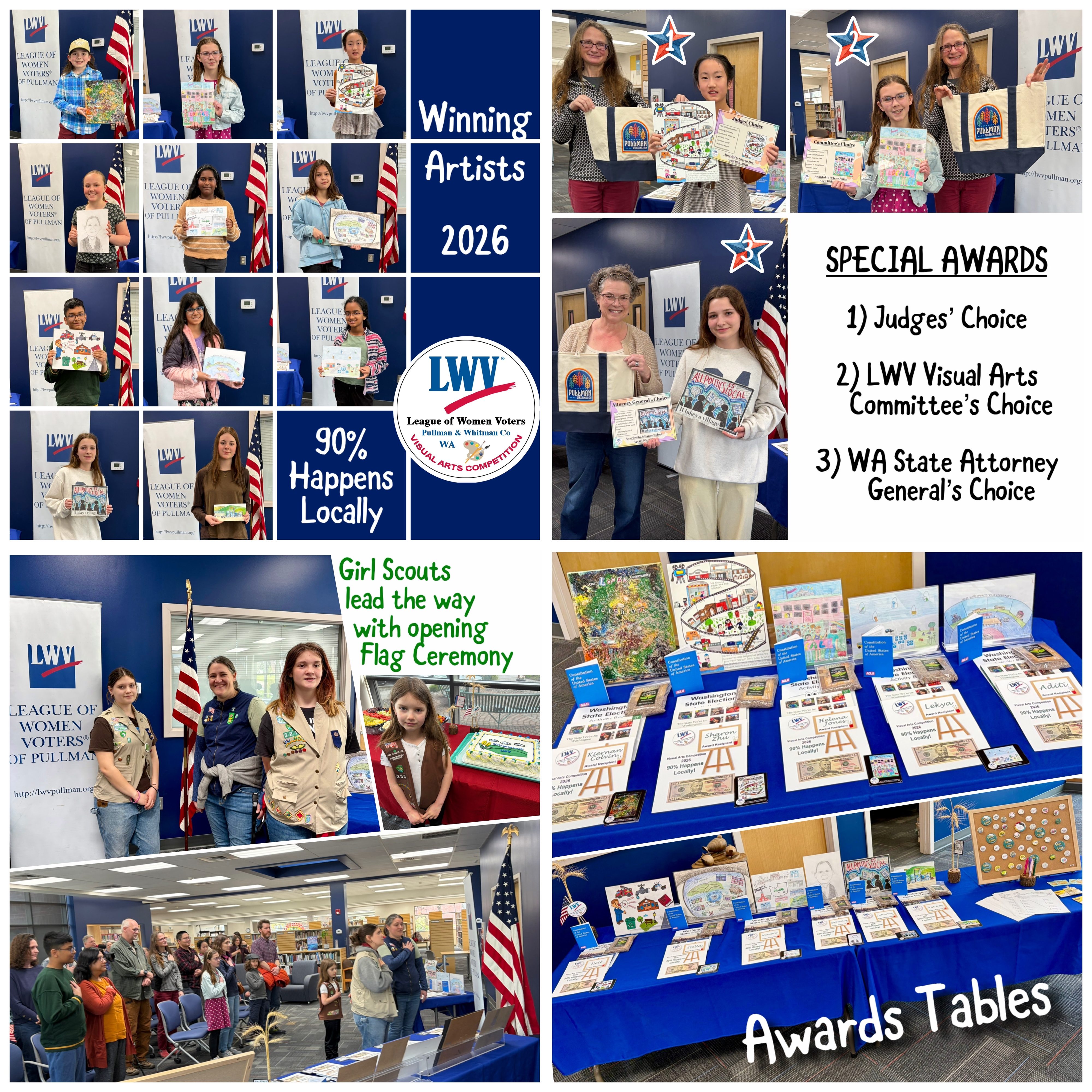 Collage of student artists holding their artwork at League of Women Voters event with special awards tables Girl Scouts leading a flag ceremony and displays of colorful student art pieces at a library reception