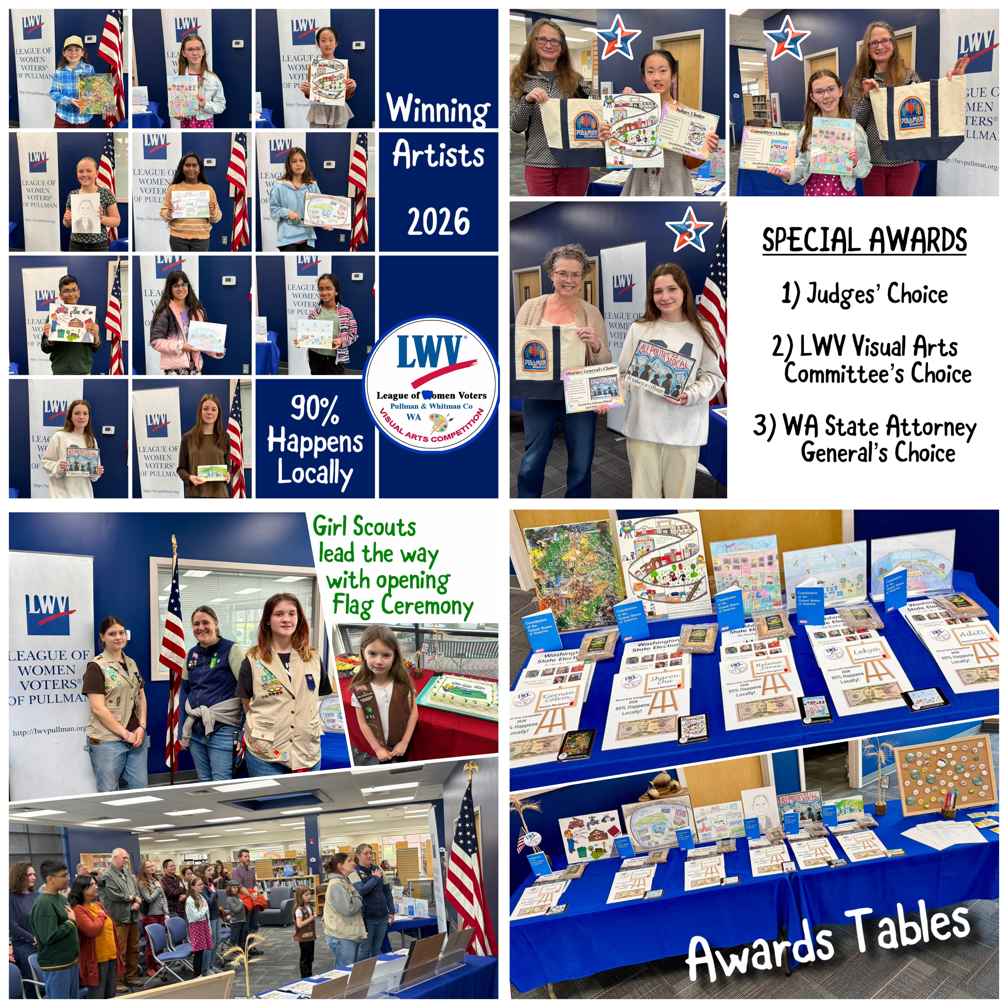 Collage of student artists holding their artwork at League of Women Voters event with special awards tables Girl Scouts leading a flag ceremony and displays of colorful student art pieces at a library reception