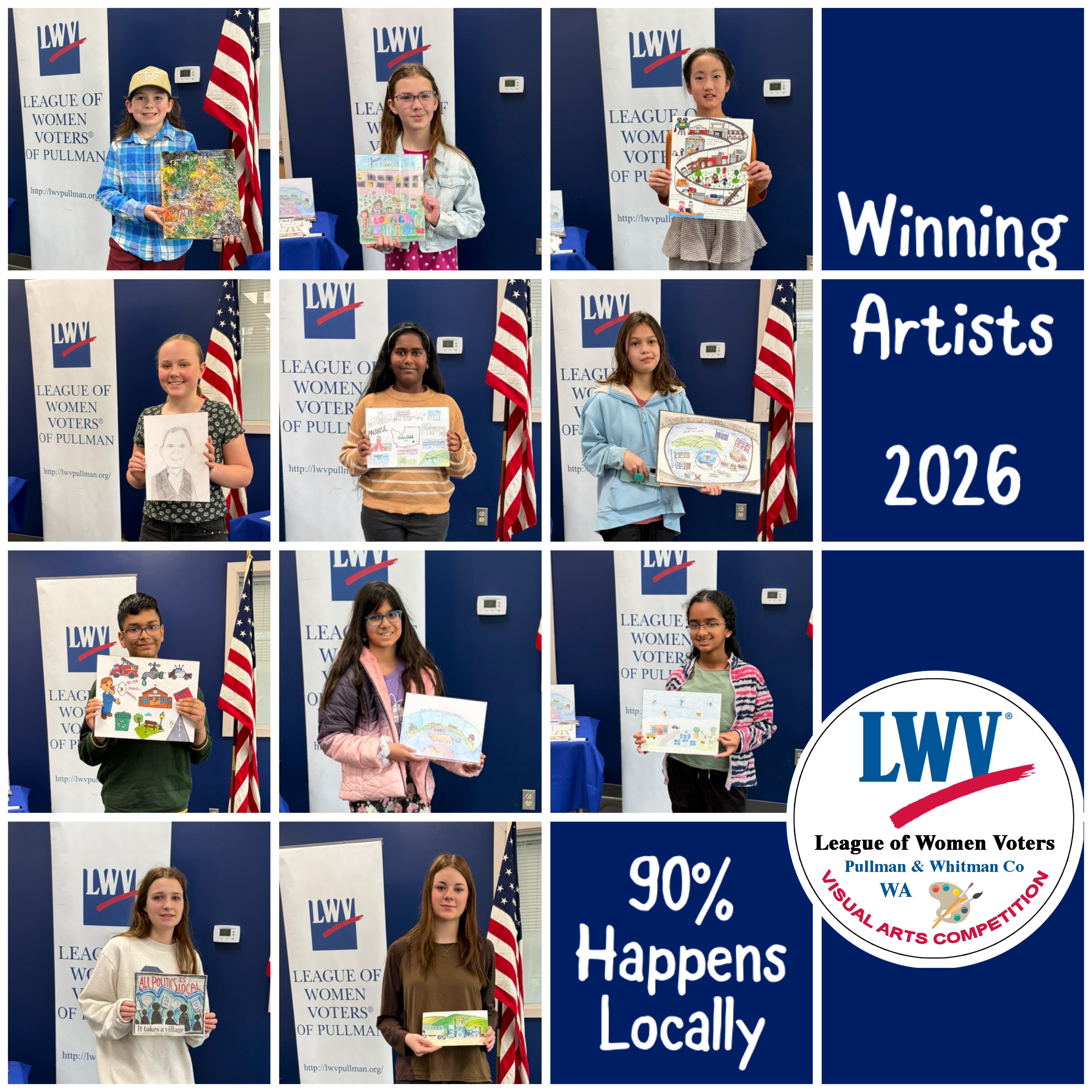 A poster titled Winning artists 2026 and 90 percent happens locally with a collage of the winning artists holding their artwork with a blue background and the league logo.
