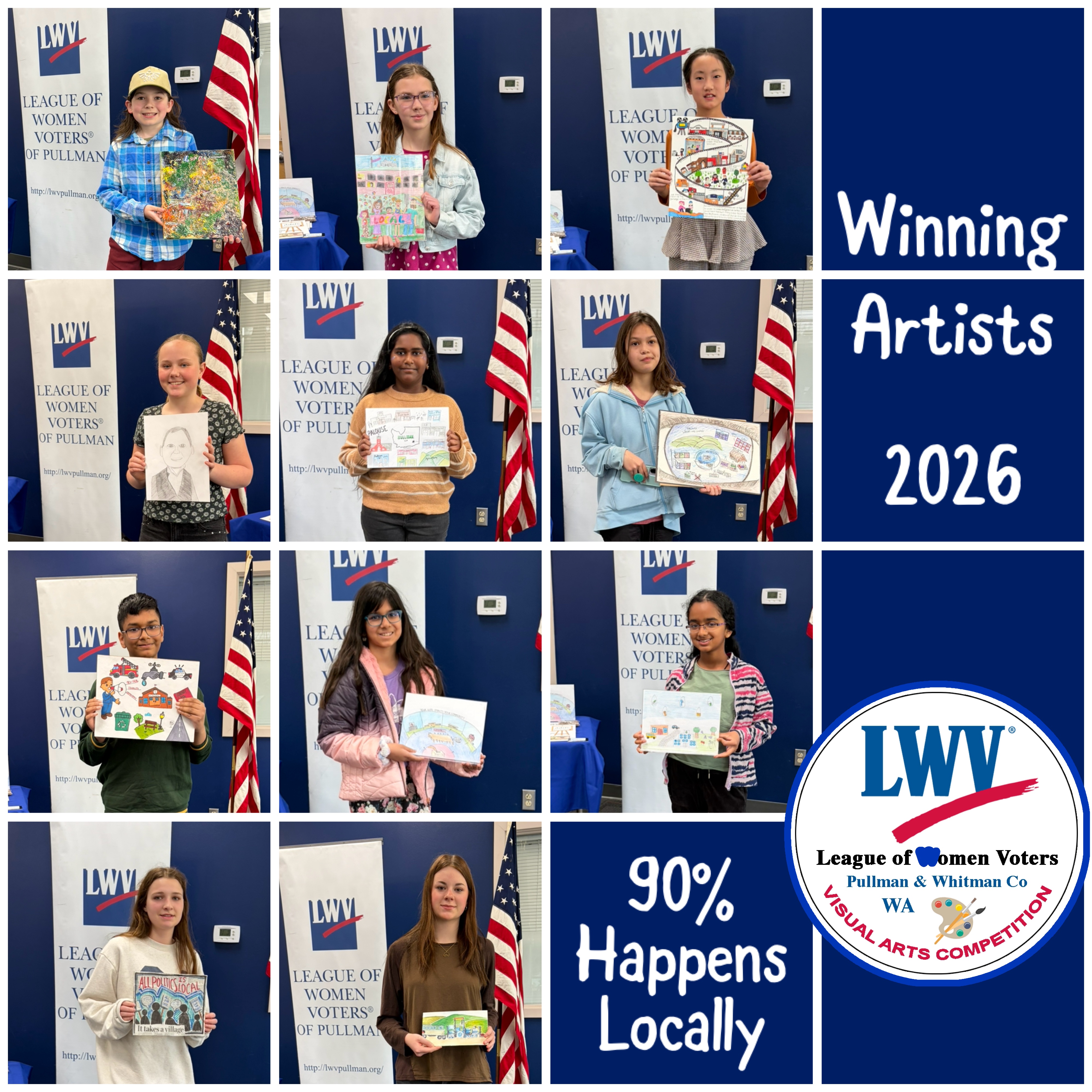 A poster titled Winning artists 2026 and 90 percent happens locally with a collage of the winning artists holding their artwork with a blue background and the league logo.