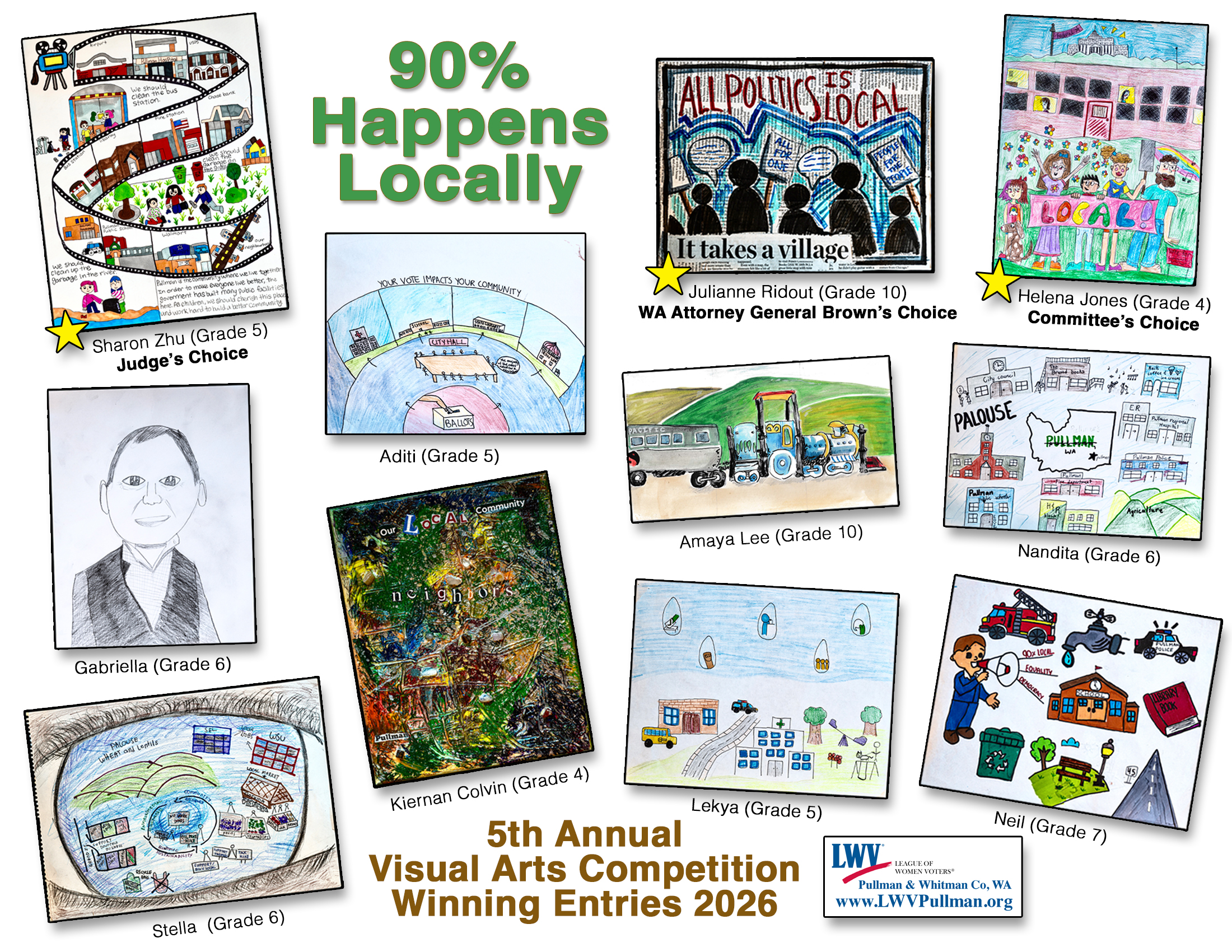 A poster collage of all 11 winning artworks for the 5th annual visual arts competition titled 90 percent happens locally with a white background and the league logo.