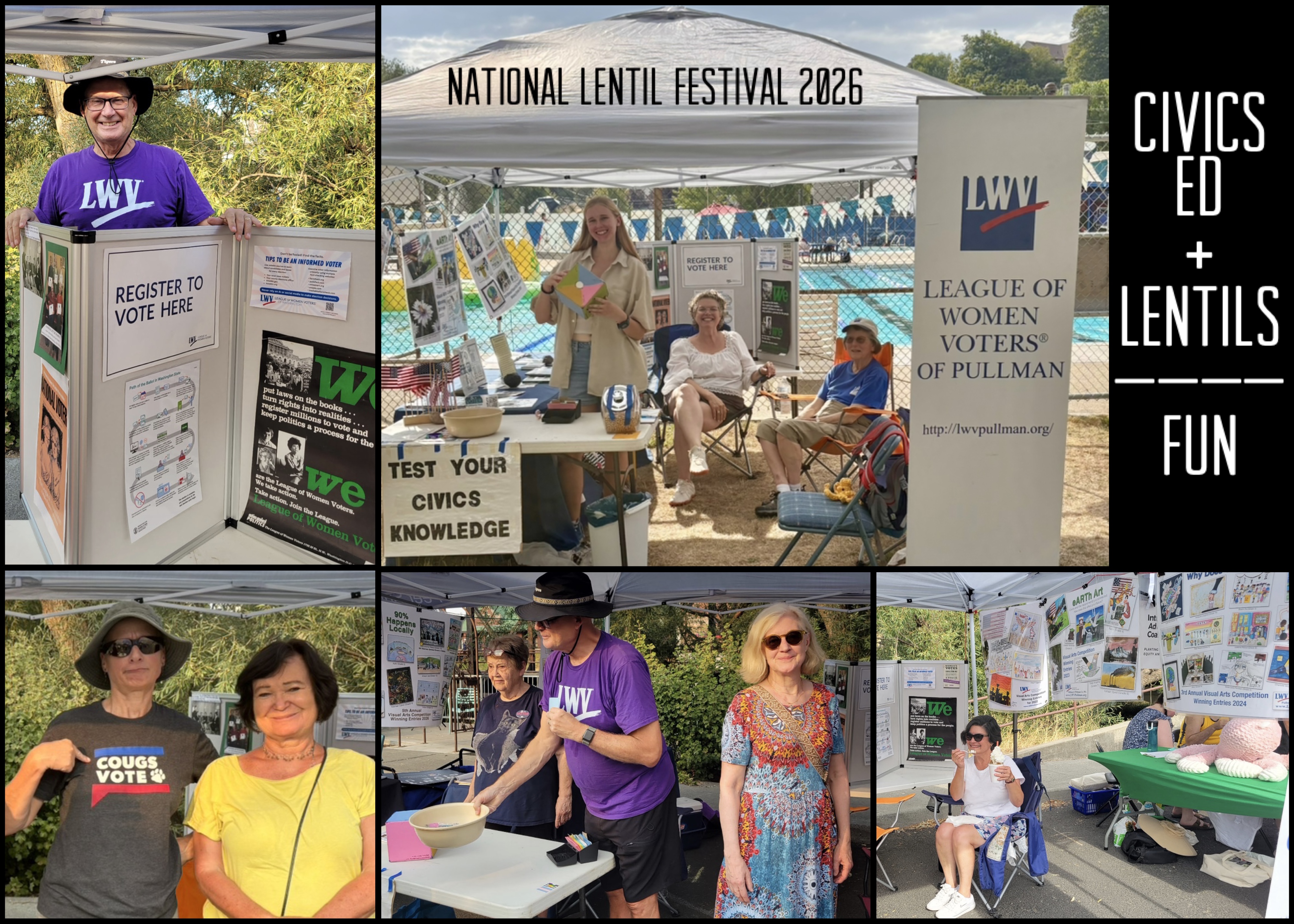 collage of pictures of volunteers at the lentil fest 2026 with words saying civics plus lentils equral fun.