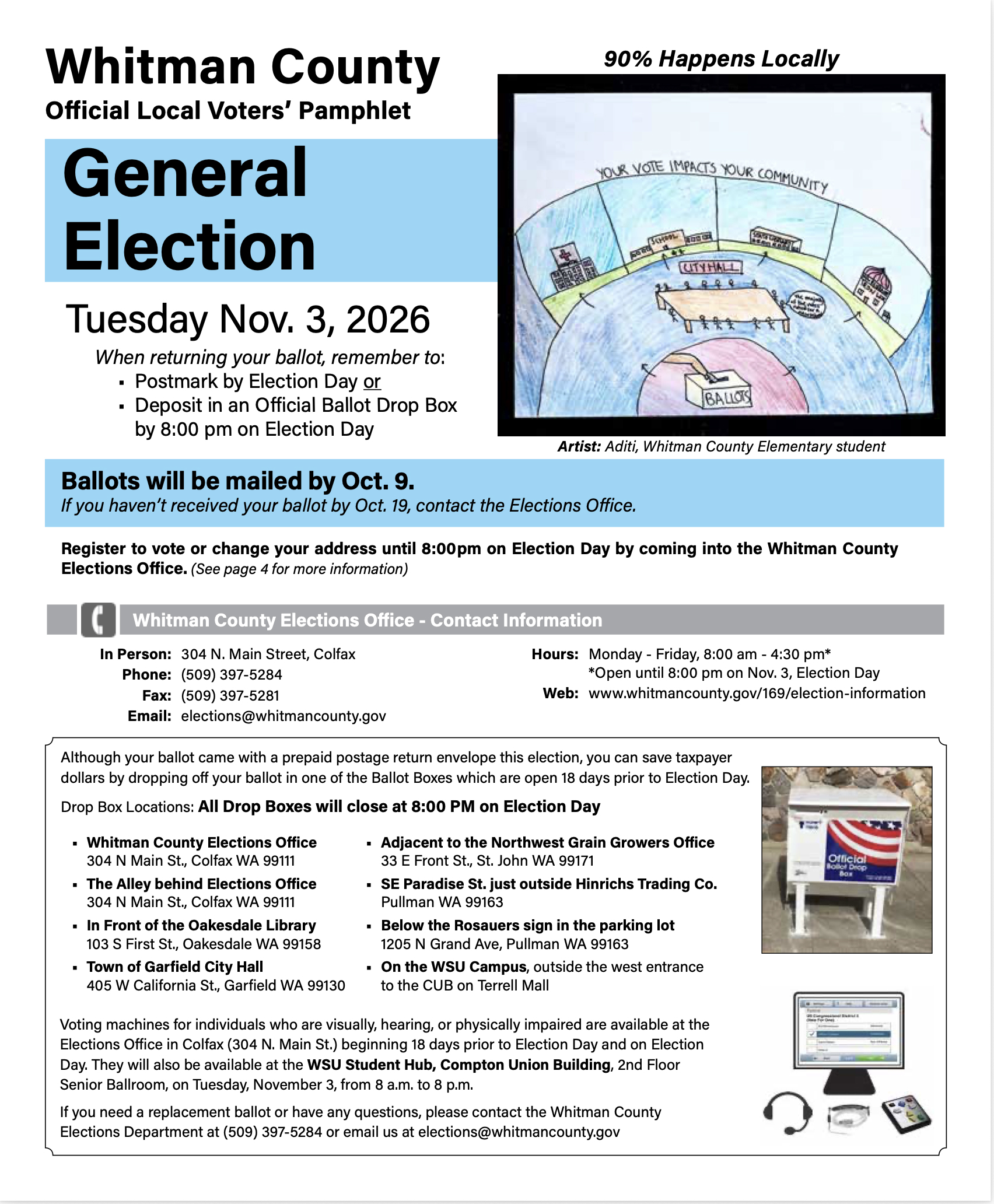 The front page of the Whitman County voters pamphlet for the 2026 General Election, including ballot return information and local ballot drop box locations. Ballots are mailed by October 16 and Election Day is November 3, 2026. The upper right features student artwork from the League of Women Voters of Pullman and Whitman County Visual Arts Competition, showing a community and local government scene with the message Your Vote Impacts Your Community.
